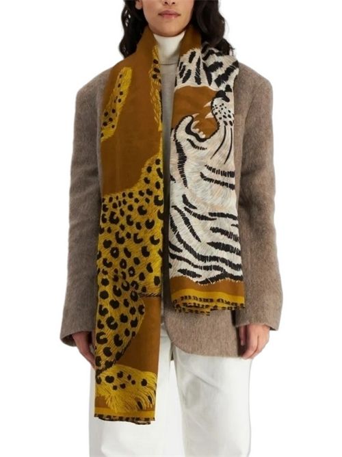 Women's ocher wool scarf with jaguar pattern Inoui Editions | 130CHATOUMORDORÈ